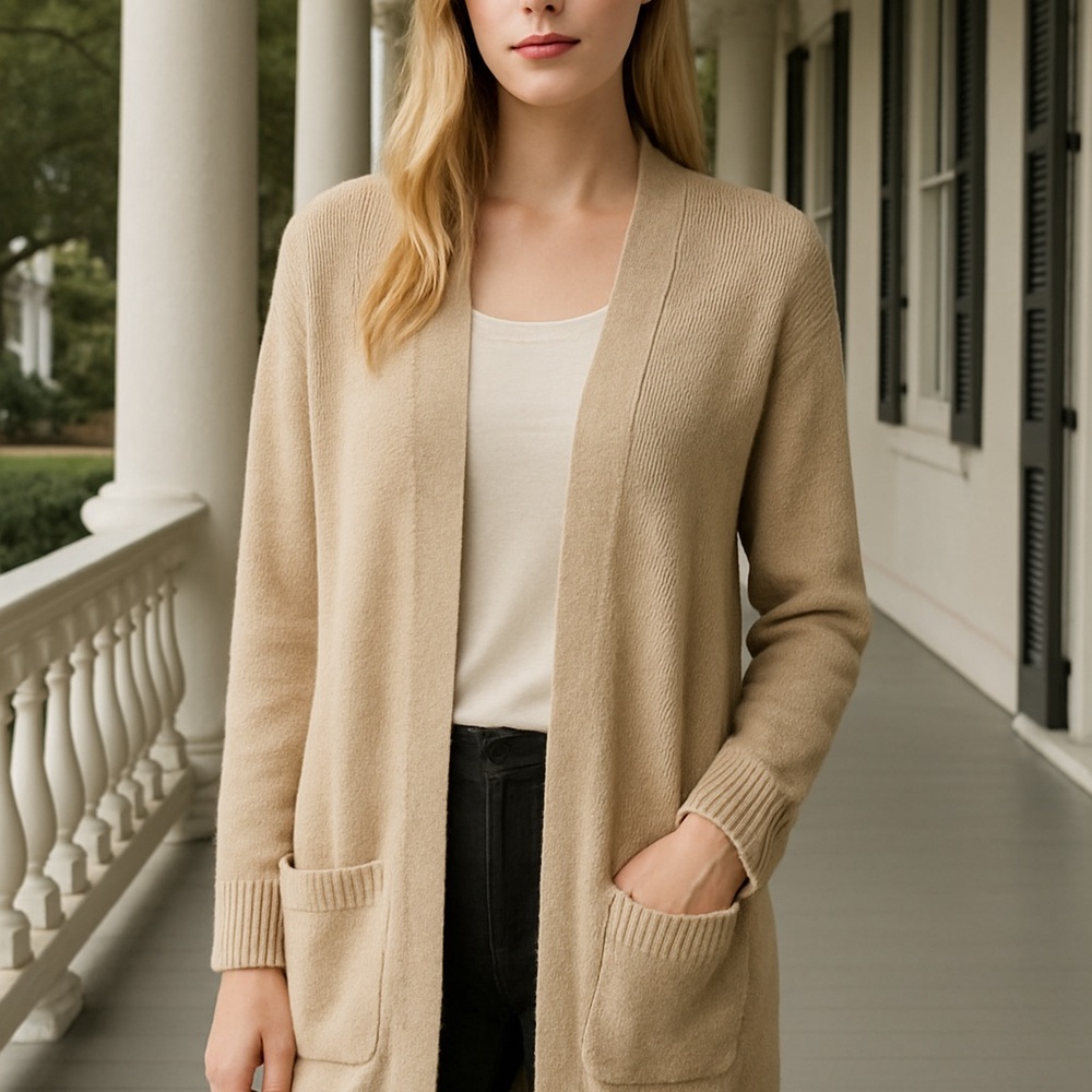 Beige Longline Open Front Cardigan Soft Knot Sweater with Pockets Women’s M